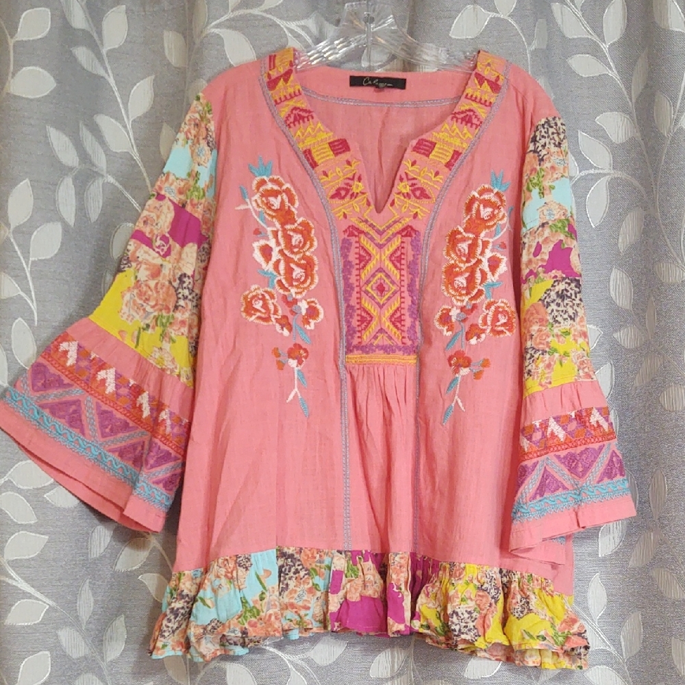 Caleoas Boho Embroidered Cotton Peasant Top - Pink size 1X